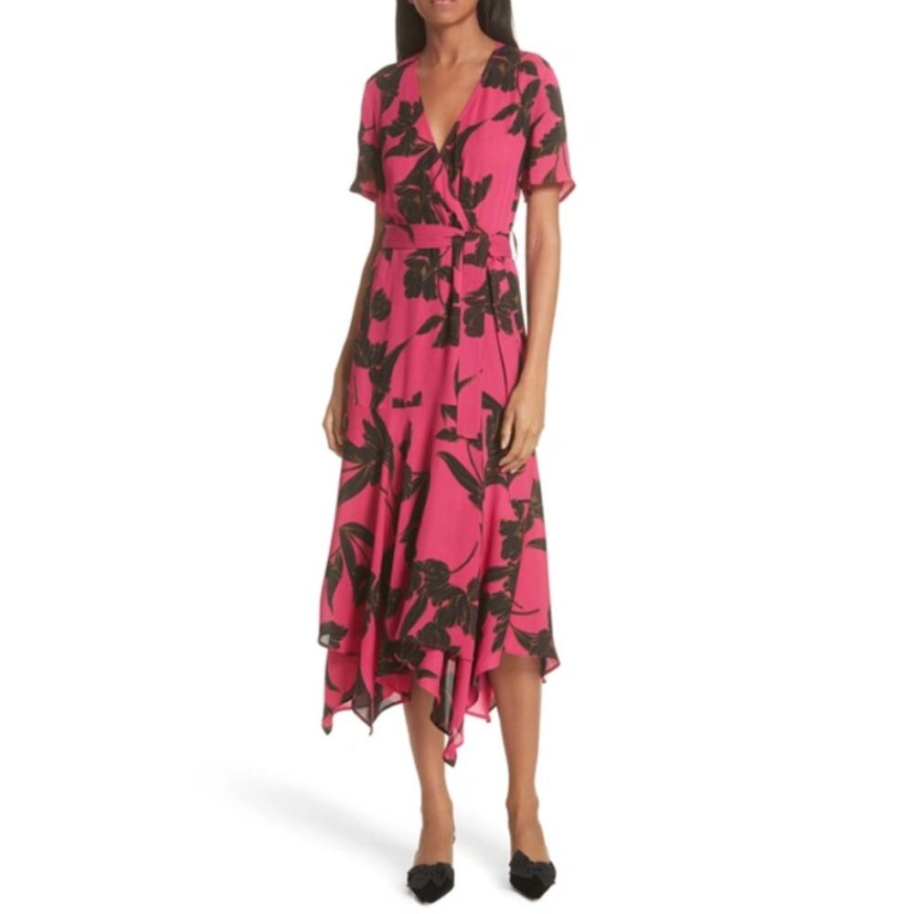 A.L.C. Wrap Dress Pink Black 100% Silk Floral Flounce hem Flowy A-line ALC 10
